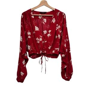 Knot Sisters Blouse Top Women XS Oversized Balloon Sleeve Crop Floral Boho Red